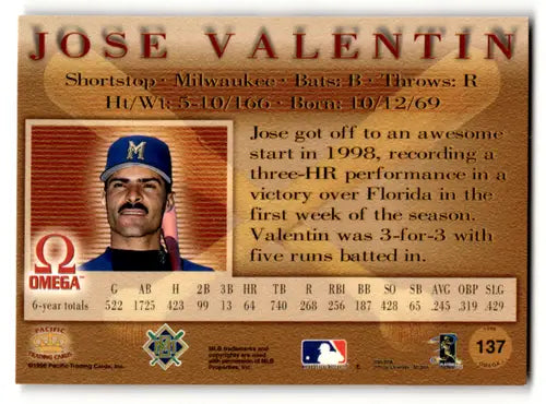 1998 Pacific Omega #137 Jose Valentin EX/NM Brewers ID:58842 - Baseball Card Single