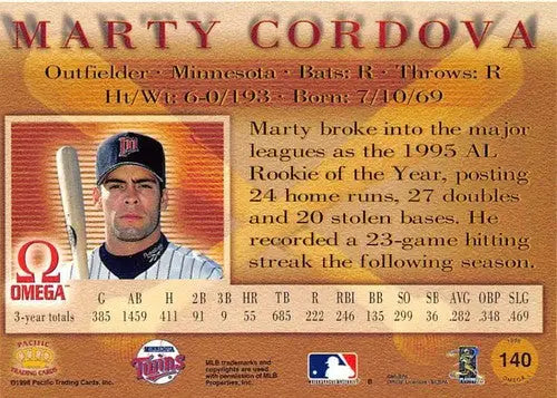 1998 Pacific Omega #140 Marty Cordova NM-MT Twins ID:58831 - Baseball Card Single
