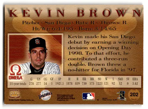 1998 Pacific Omega #202 Kevin Brown EX/NM Padres ID:58838 - Baseball Card Single