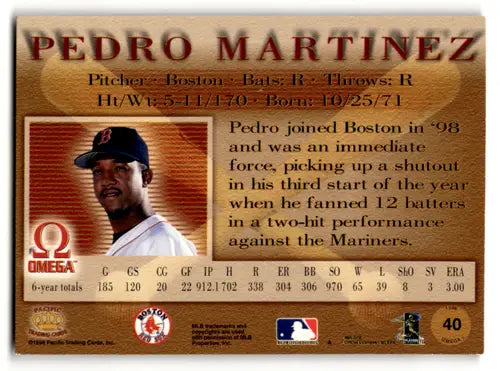 1998 Pacific Omega #40 Pedro Martinez NM-MT Red Sox ID:58837 - Baseball Card Single