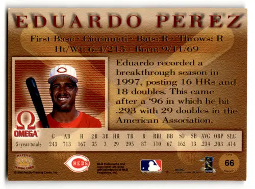 1998 Pacific Omega #66 Eduardo Perez NM Near Mint Reds ID:58843 - Baseball Card Single