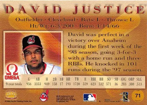 1998 Pacific Omega #71 David Justice NM Near Mint Indians ID:81548 - Baseball Card Single