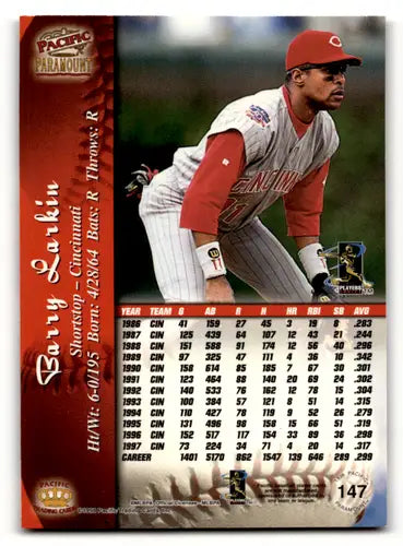 Original gloss Barry Larkin baseball card from Pacific Paramount Copper series