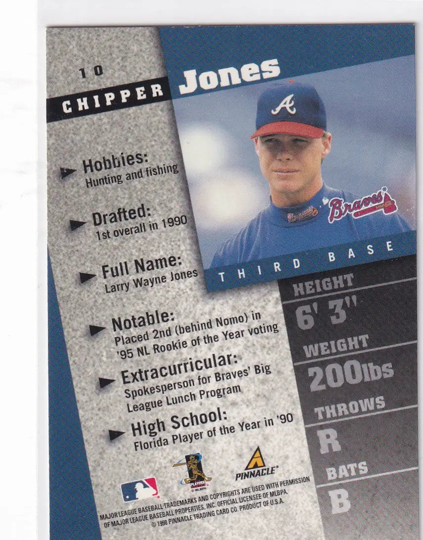 1998 PINNACLE #10 CHIPPER JONES- ATLANTA BRAVES - Baseball Card Single