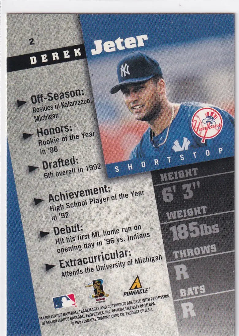 1998 PINNACLE #2 DEREK JETER INSIDE- NEW YORK YANKEES