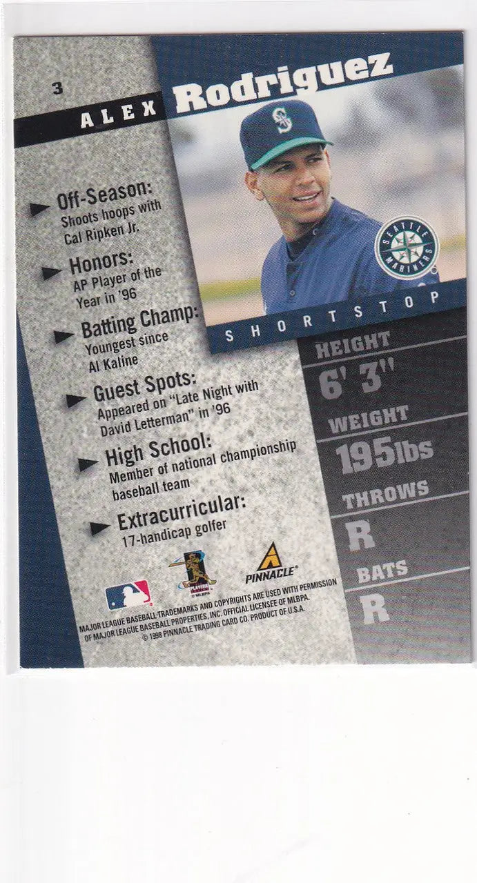 1998 PINNACLE #3 ALEX RODRIGUEZ INSIDE- SEATTLE MARINERS
