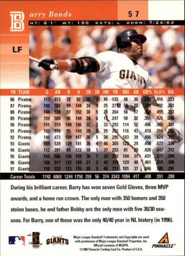 1998 Pinnacle Plus #57 Barry Bonds NM-MT Giants - Baseball Card Single