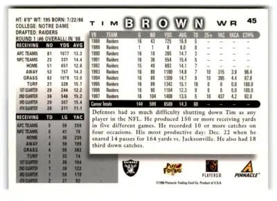 1998 Pinnacle Tim Brown trading card from 1998 Score #45 featuring Tim Brown football card