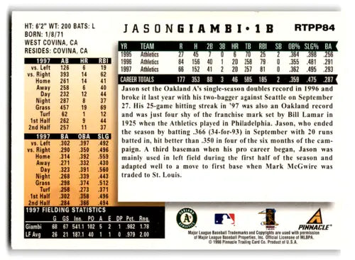 Jason Giambi baseball card from 1998 Score Rookie and Traded Showcase Series Artist’s Proof