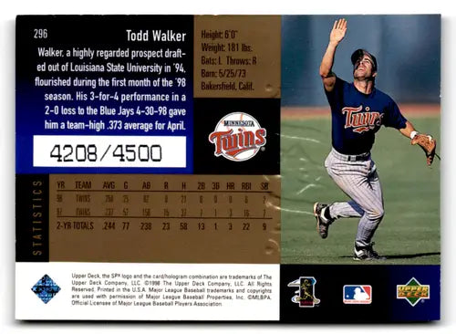 1998 SPx Finite Radiance #296 Todd Walker NM Near Mint Twins 4208/4500 ID:73335 - Baseball Card Single