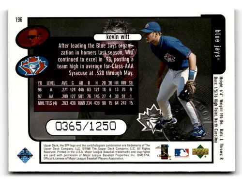 Kevin Witt baseball card from 1998 SPx Finite Spectrum series featuring Blue Jays team