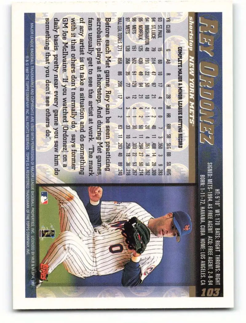 1998 Topps #103 Rey Ordonez NM-MT New York Mets Baseball Card - Baseball Card Single
