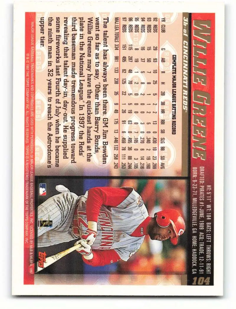 1998 Topps #104 Willie Greene NM-MT Cincinnati Reds Baseball Card - Baseball Card Single