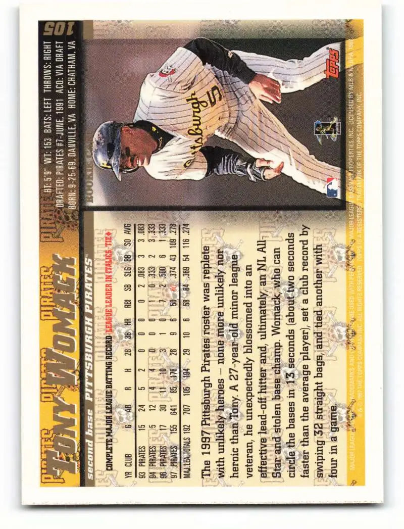 1998 Topps #105 Tony Womack NM-MT Pittsburgh Pirates Baseball Card - Baseball Card Single