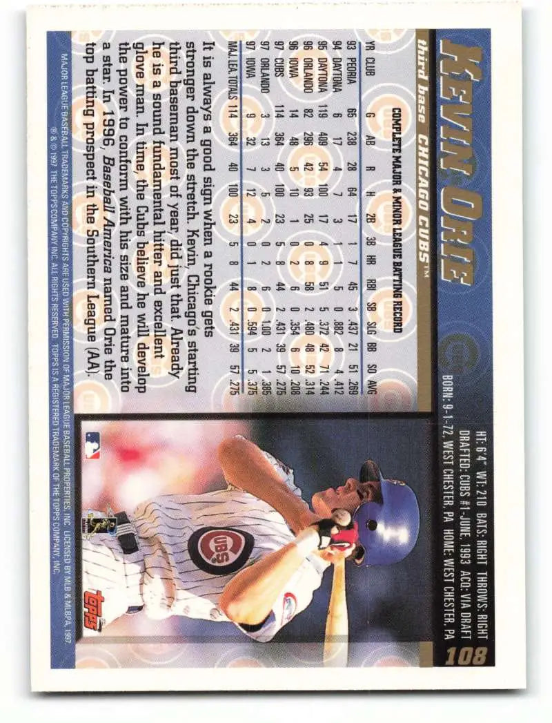 1998 Topps #108 Kevin Orie NM-MT Chicago Cubs Baseball Card - Baseball Card Single