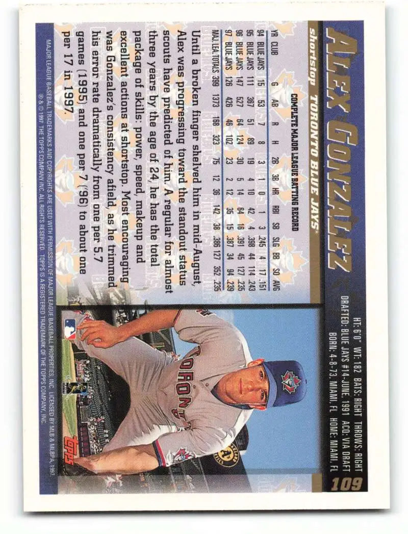 1998 Topps #109 Alex Gonzalez NM-MT Toronto Blue Jays Baseball Card - Baseball Card Single