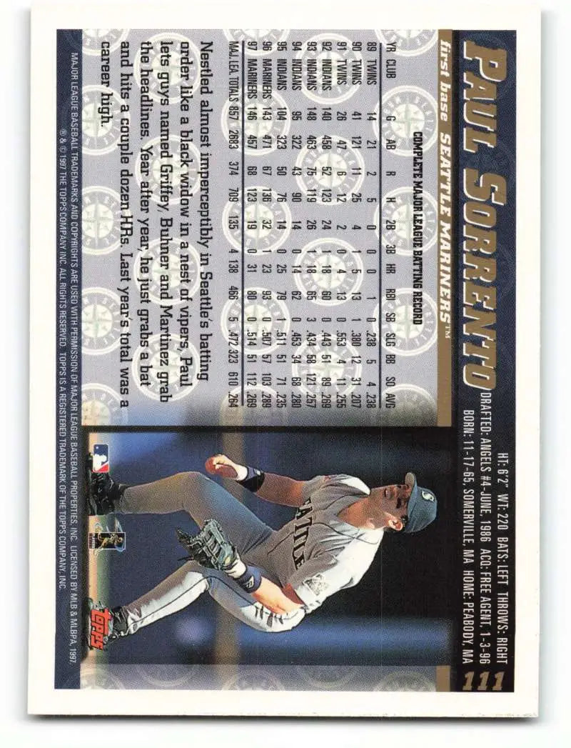 1998 Topps #111 Paul Sorrento NM-MT Seattle Mariners Baseball Card - Baseball Card Single