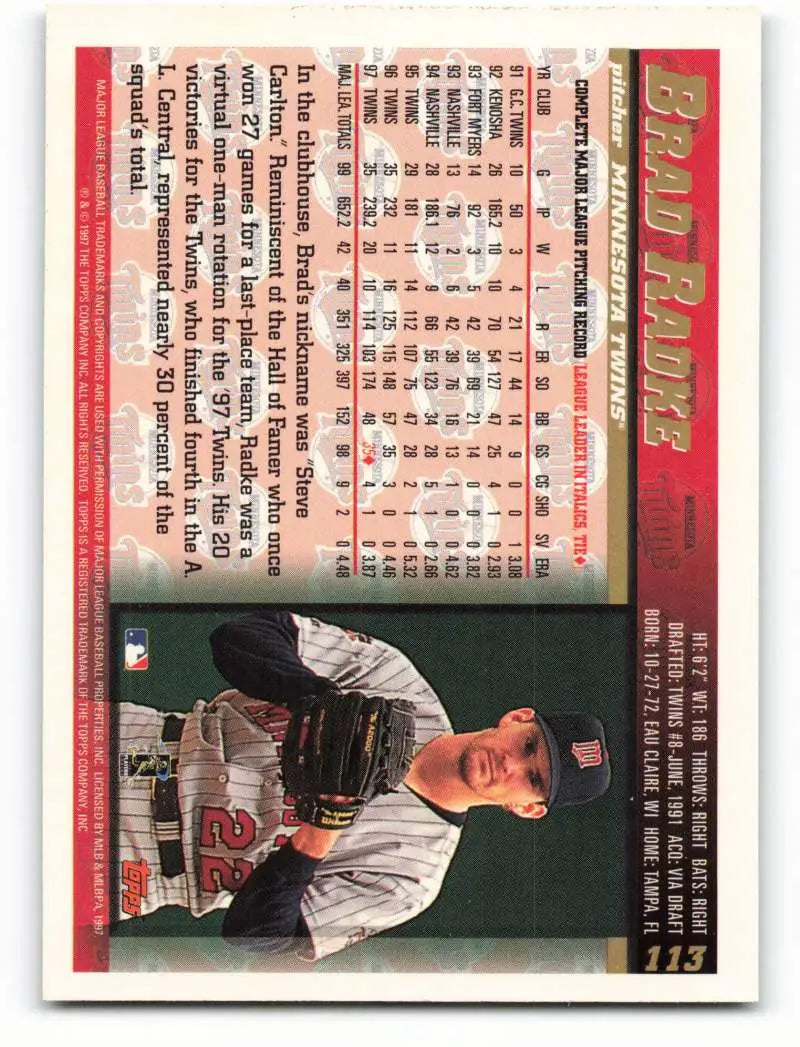 1998 Topps #113 Brad Radke NM-MT Minnesota Twins Baseball Card - Baseball Card Single