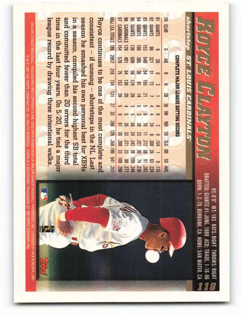 1998 Topps #118 Royce Clayton NM-MT St. Louis Cardinals Baseball Card - Baseball Card Single