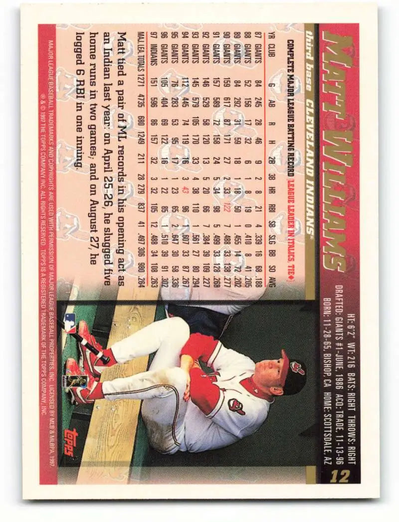 1998 Topps #12 Matt Williams NM-MT Cleveland Indians Baseball Card - Baseball Card Single