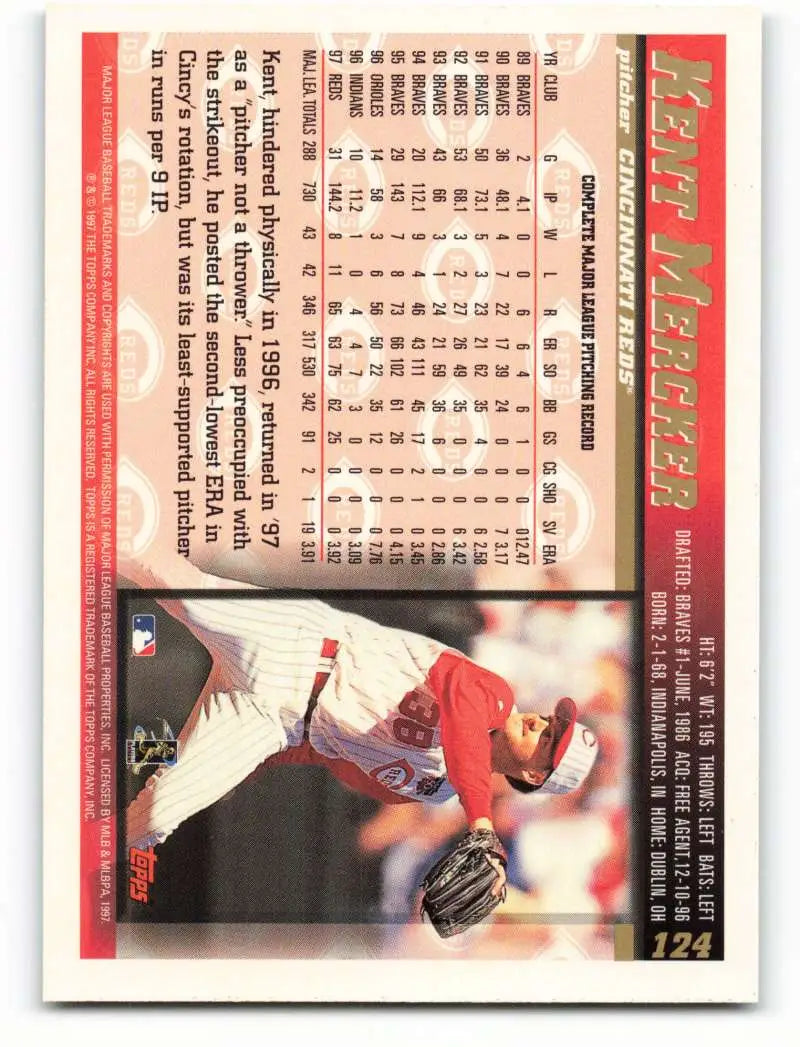 1998 Topps #124 Kent Mercker NM-MT Cincinnati Reds Baseball Card - Baseball Card Single