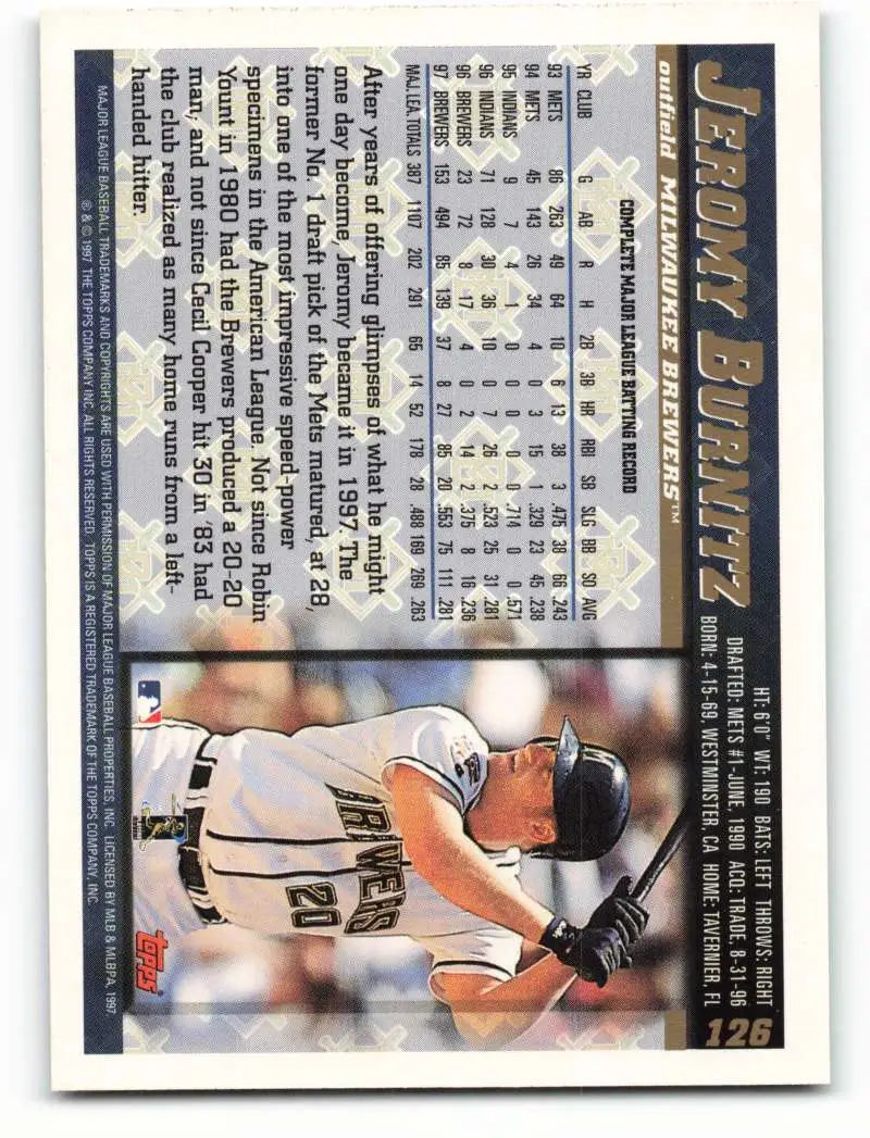 1998 Topps #126 Jeromy Burnitz NM-MT Milwaukee Brewers Baseball Card - Baseball Card Single