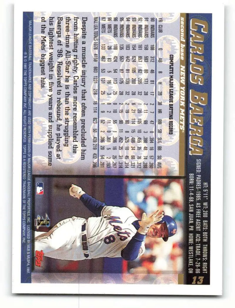 1998 Topps #13 Carlos Baerga NM-MT New York Mets Baseball Card - Baseball Card Single