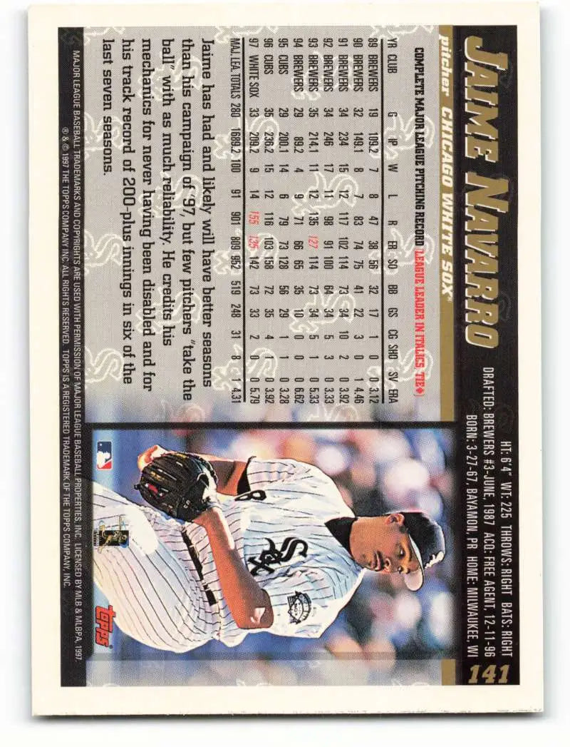 1998 Topps #141 Jaime Navarro NM-MT Chicago White Sox Baseball Card - Baseball Card Single