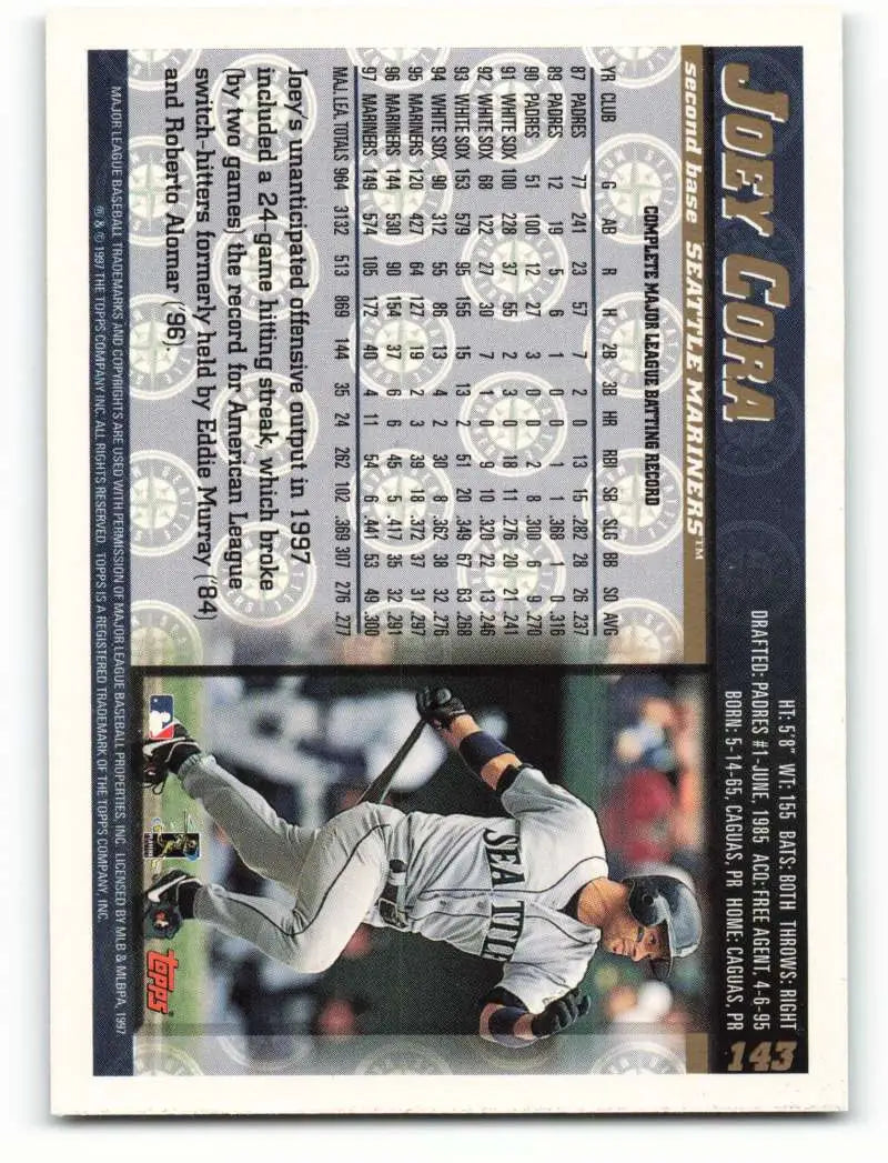 1998 Topps #143 Joey Cora NM-MT Seattle Mariners Baseball Card - Baseball Card Single