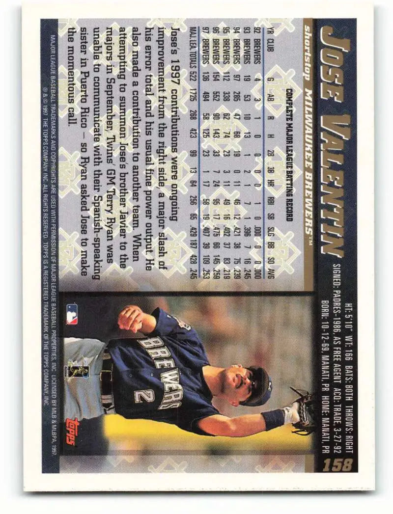 1998 Topps #158 Jose Valentin NM-MT Milwaukee Brewers Baseball Card - Baseball Card Single