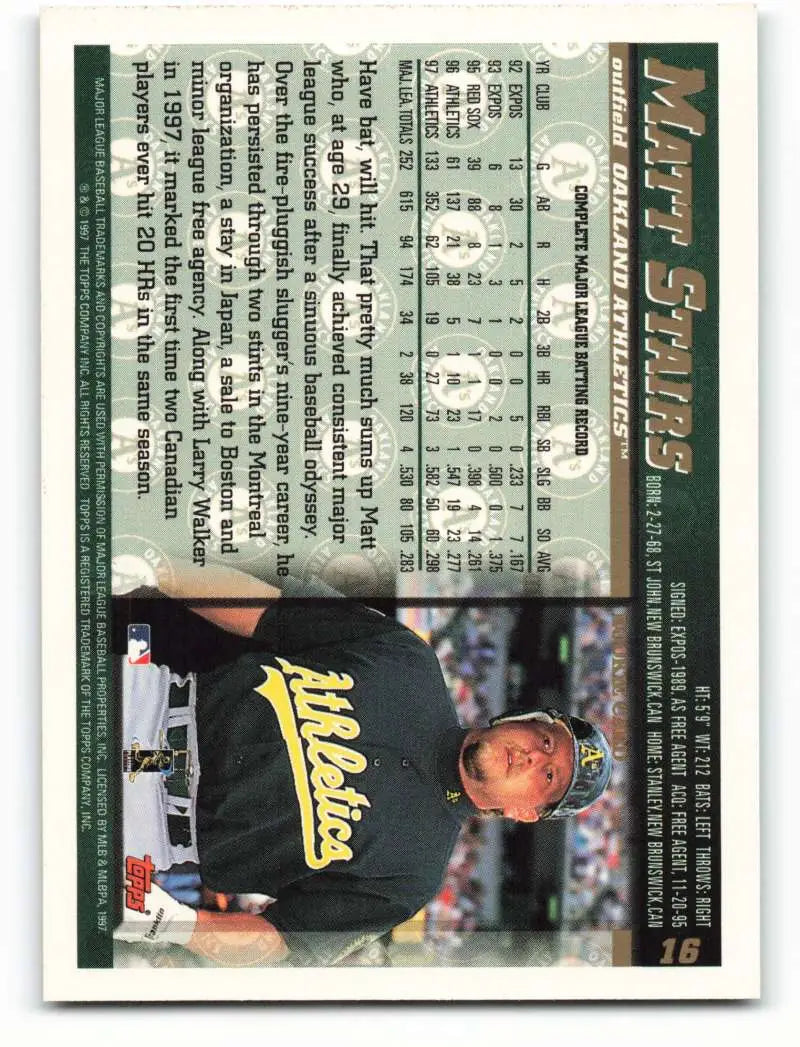 1998 Topps #16 Matt Stairs NM-MT Oakland Athletics Baseball Card - Baseball Card Single