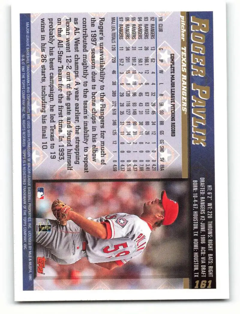 1998 Topps #161 Roger Pavlik NM-MT Texas Rangers Baseball Card - Baseball Card Single