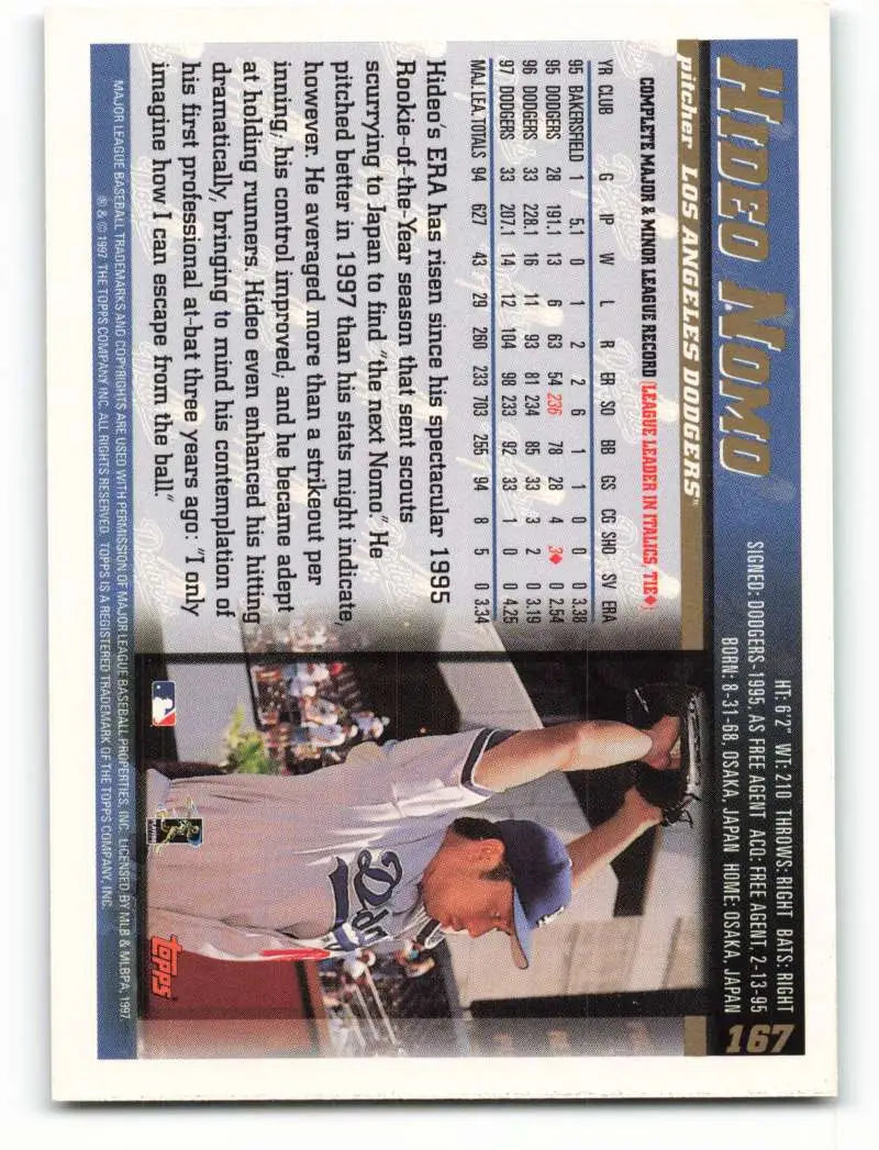 1998 Topps #167 Hideo Nomo NM-MT Los Angeles Dodgers Baseball Card - Baseball Card Single