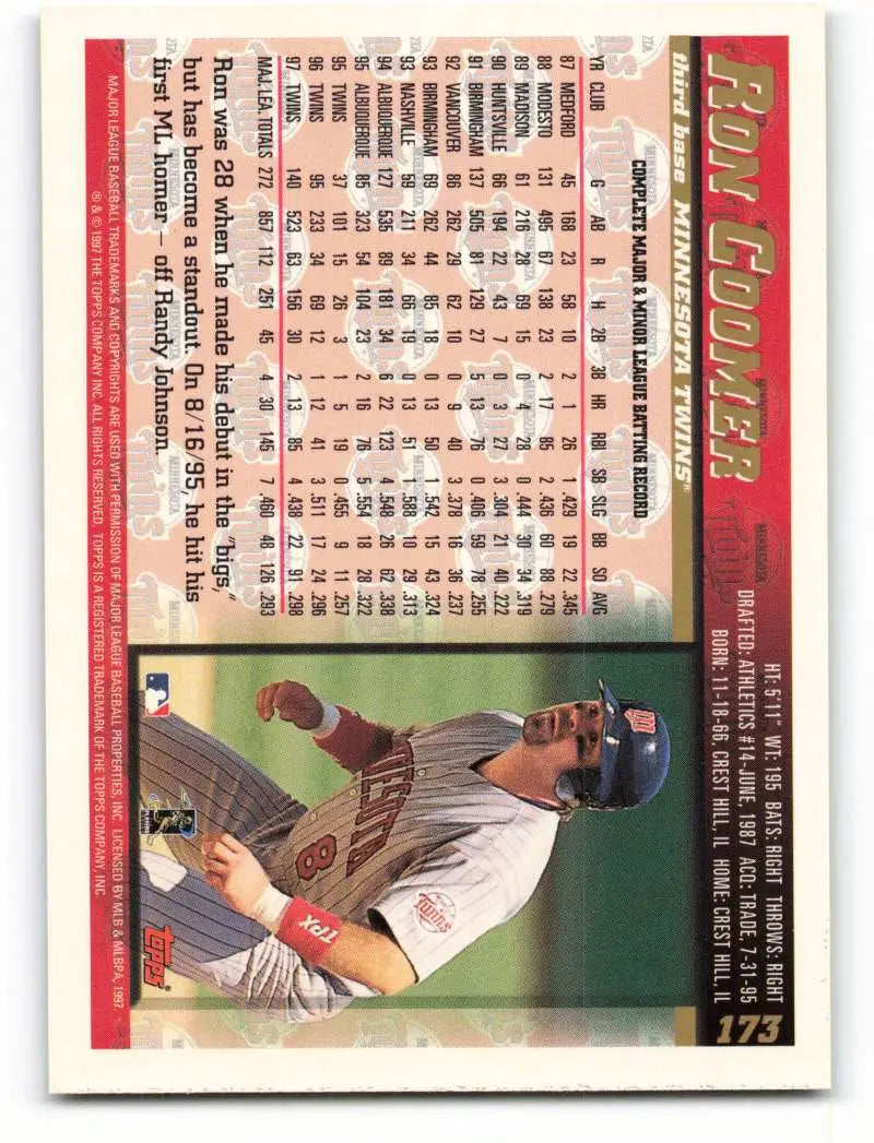 1998 Topps #173 Ron Coomer NM-MT Minnesota Twins Baseball Card - Baseball Card Single