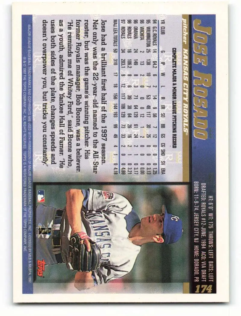 1998 Topps #174 Jose Rosado NM-MT Kansas City Royals Baseball Card - Baseball Card Single