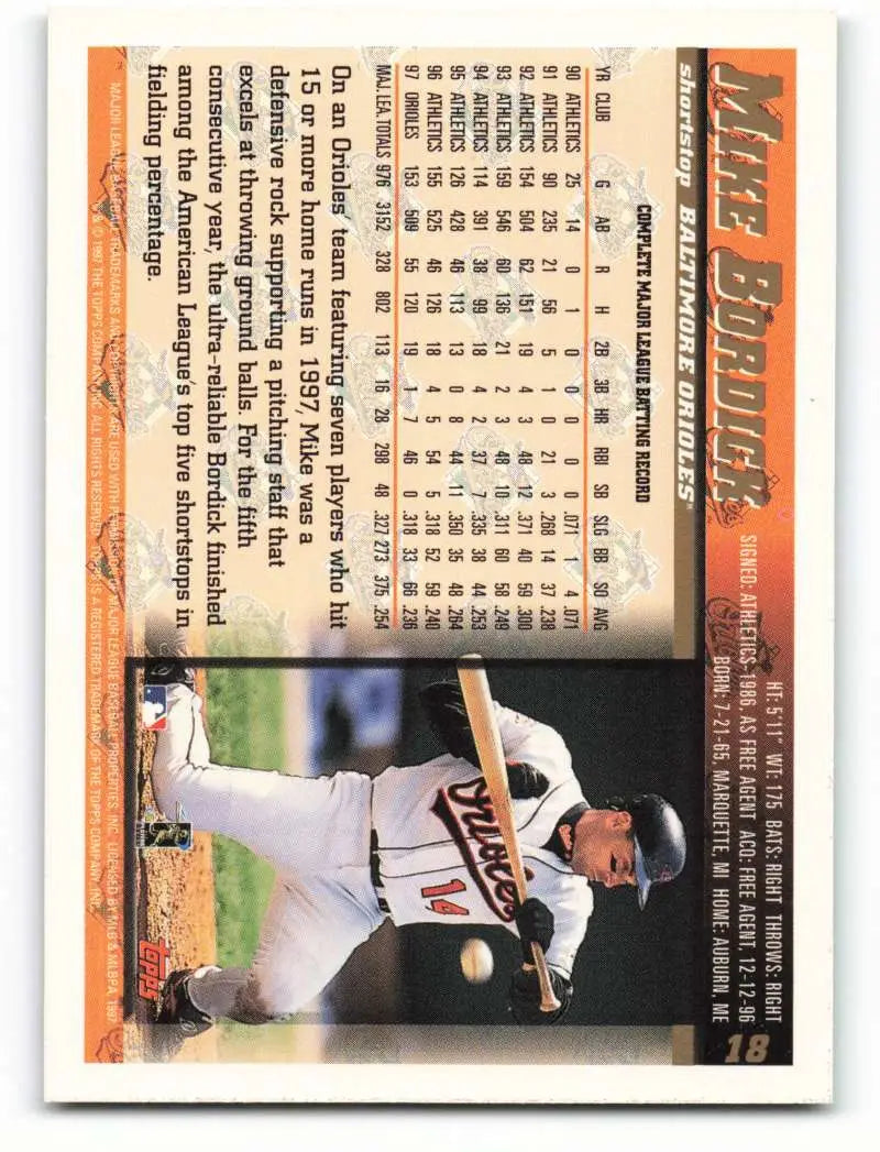 1998 Topps #18 Mike Bordick NM-MT Baltimore Orioles Baseball Card - Baseball Card Single