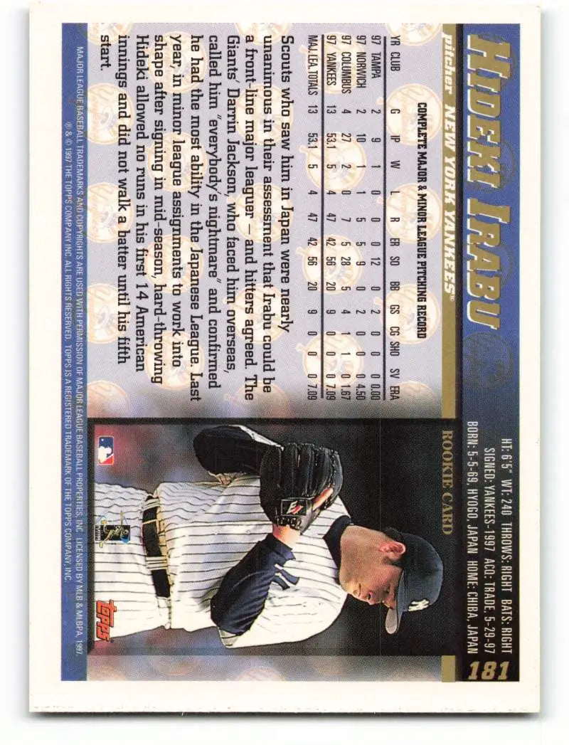 1998 Topps #181 Hideki Irabu NM-MT New York Yankees Baseball Card - Baseball Card Single