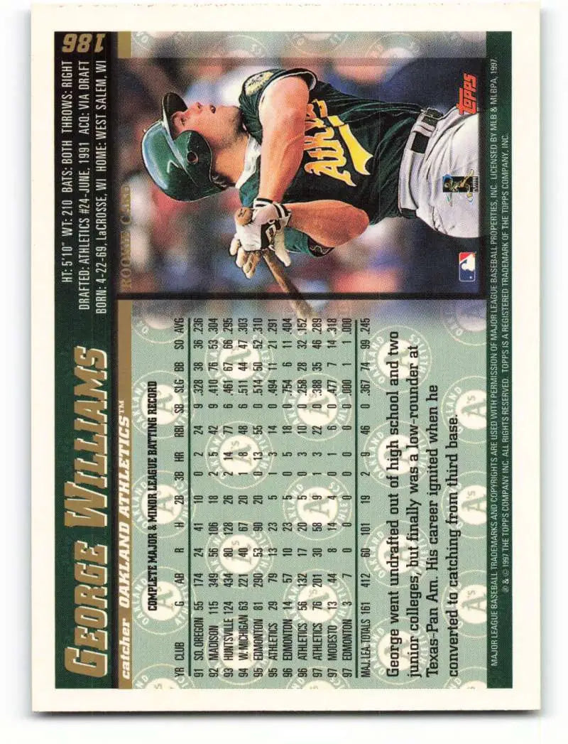 1998 Topps #186 George Williams NM-MT Oakland Athletics Baseball Card - Baseball Card Single