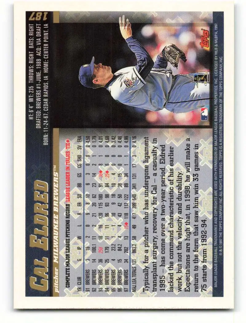1998 Topps #187 Cal Eldred NM-MT Milwaukee Brewers Baseball Card - Baseball Card Single