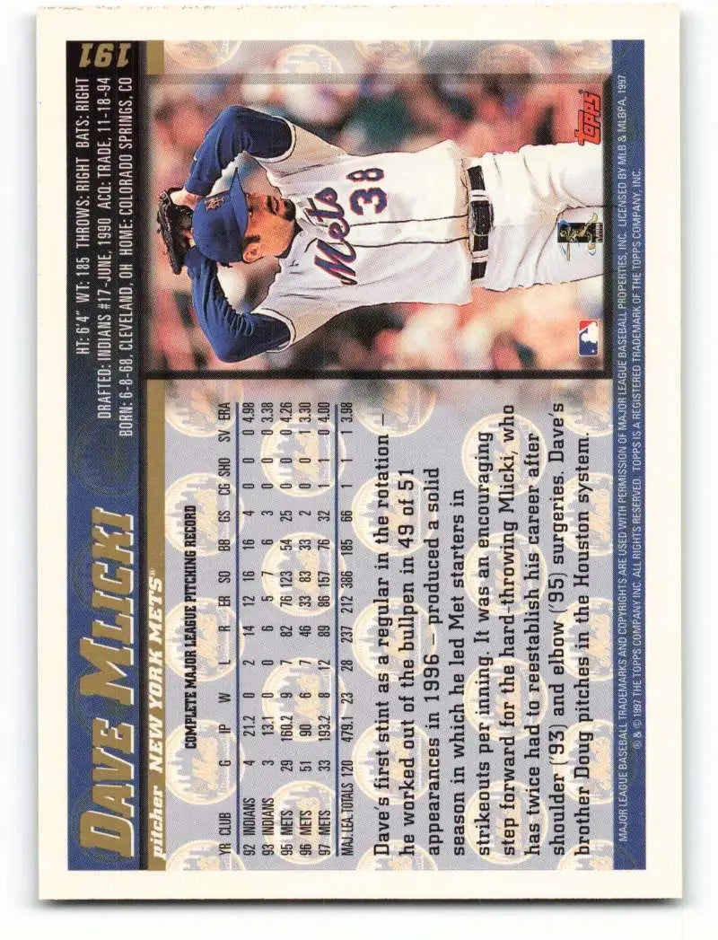 1998 Topps #191 Dave Mlicki NM-MT New York Mets Baseball Card - Baseball Card Single