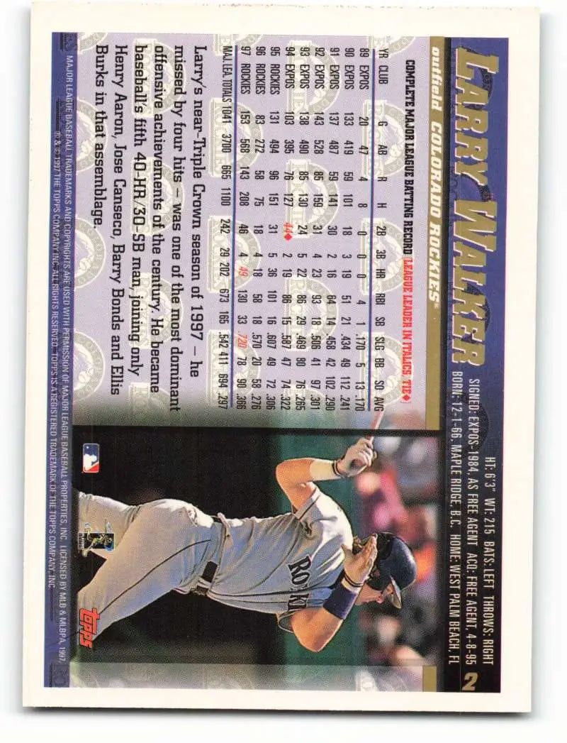 1998 Topps #2 Larry Walker NM-MT Colorado Rockies Baseball Card - Baseball Card Single