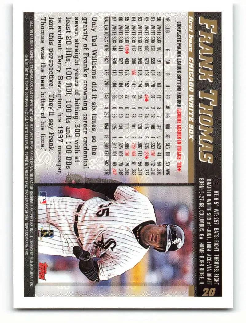 1998 Topps #20 Frank Thomas NM-MT Chicago White Sox Baseball Card - Baseball Card Single