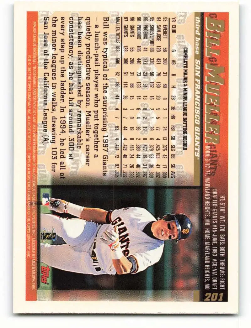 1998 Topps #201 Bill Mueller NM-MT San Francisco Giants Baseball Card - Baseball Card Single