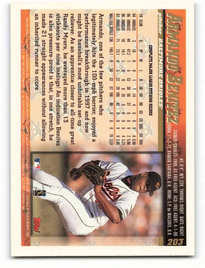 1998 Topps #203 Armando Benitez NM-MT Baltimore Orioles Baseball Card - Baseball Card Single