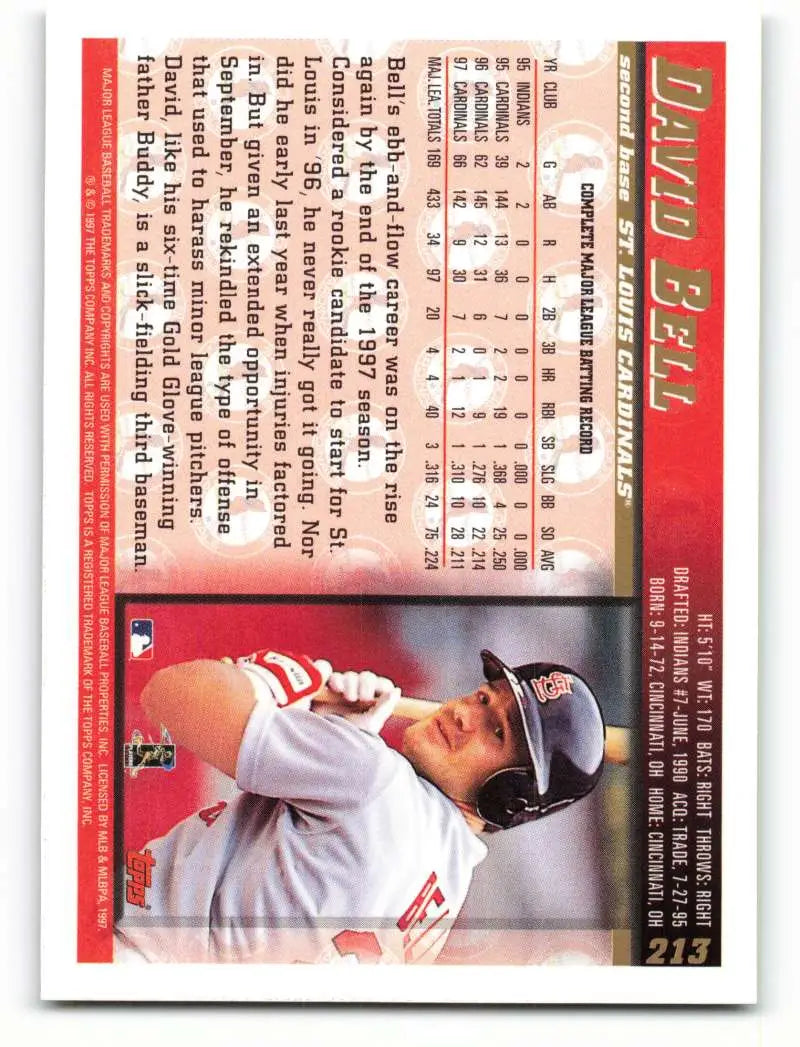 1998 Topps #213 David Bell NM-MT St. Louis Cardinals Baseball Card - Baseball Card Single