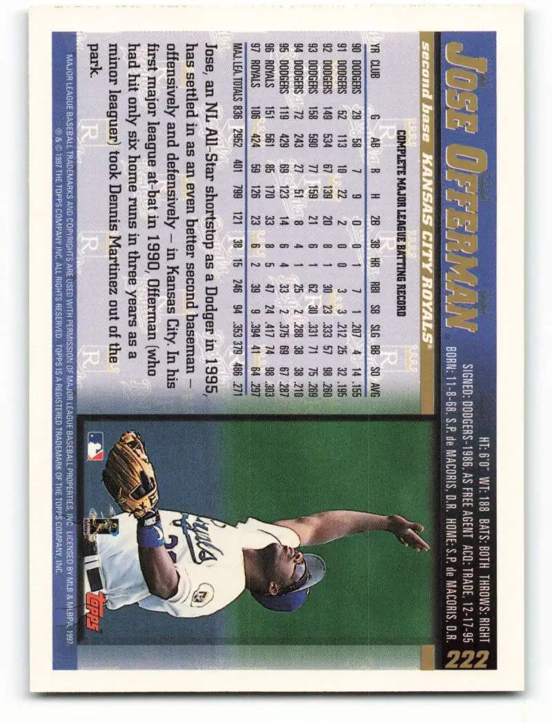 1998 Topps #222 Jose Offerman NM-MT Kansas City Royals Baseball Card - Baseball Card Single