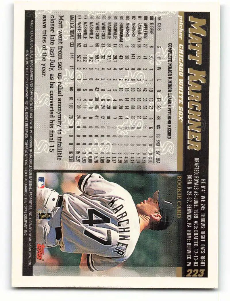1998 Topps #223 Matt Karchner NM-MT Chicago White Sox Baseball Card - Baseball Card Single