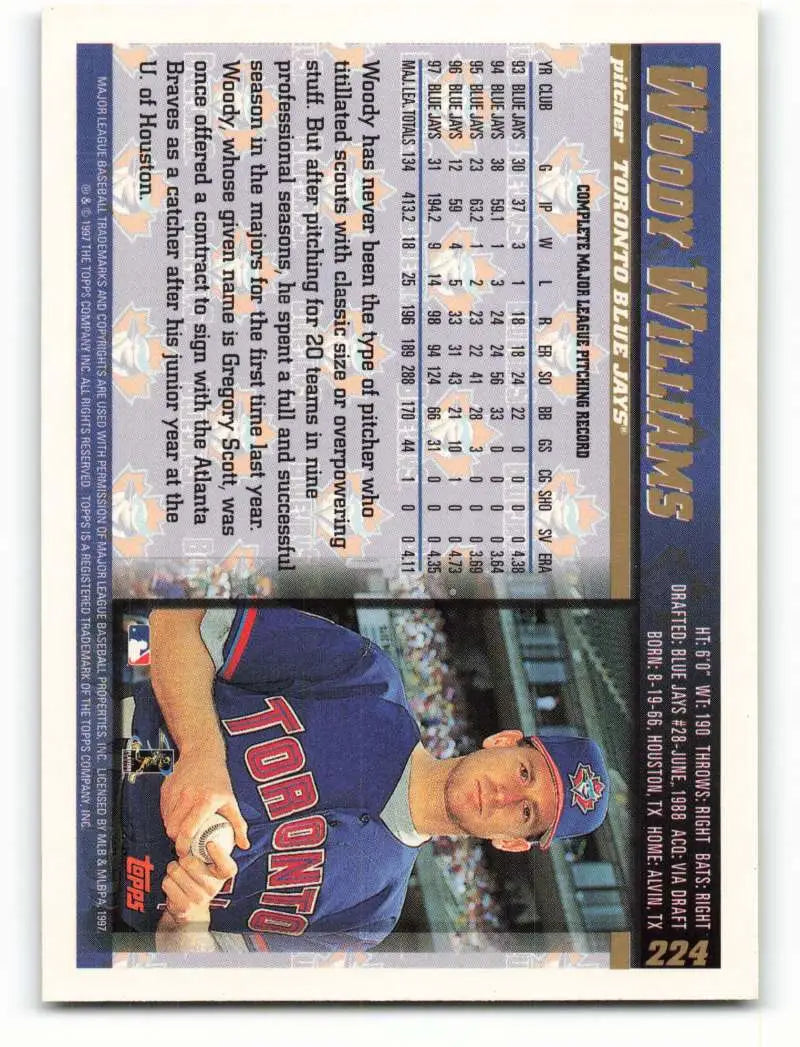 1998 Topps #224 Woody Williams NM-MT Toronto Blue Jays Baseball Card - Baseball Card Single