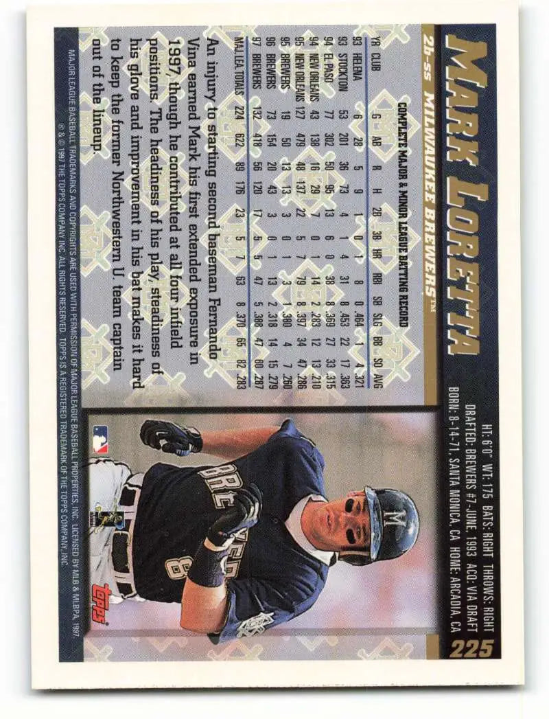 1998 Topps #225 Mark Loretta NM-MT Milwaukee Brewers Baseball Card - Baseball Card Single