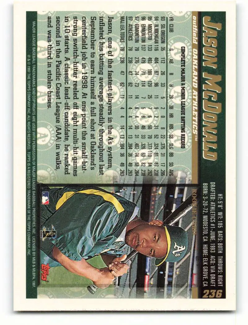 1998 Topps #236 Jason McDonald NM-MT Oakland Athletics Baseball Card - Baseball Card Single